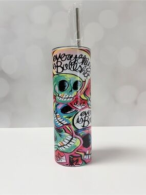 NWOT Skull Graffiti Skinny Tumbler 'Everything Is Bull...'  w/ Stainless Straw